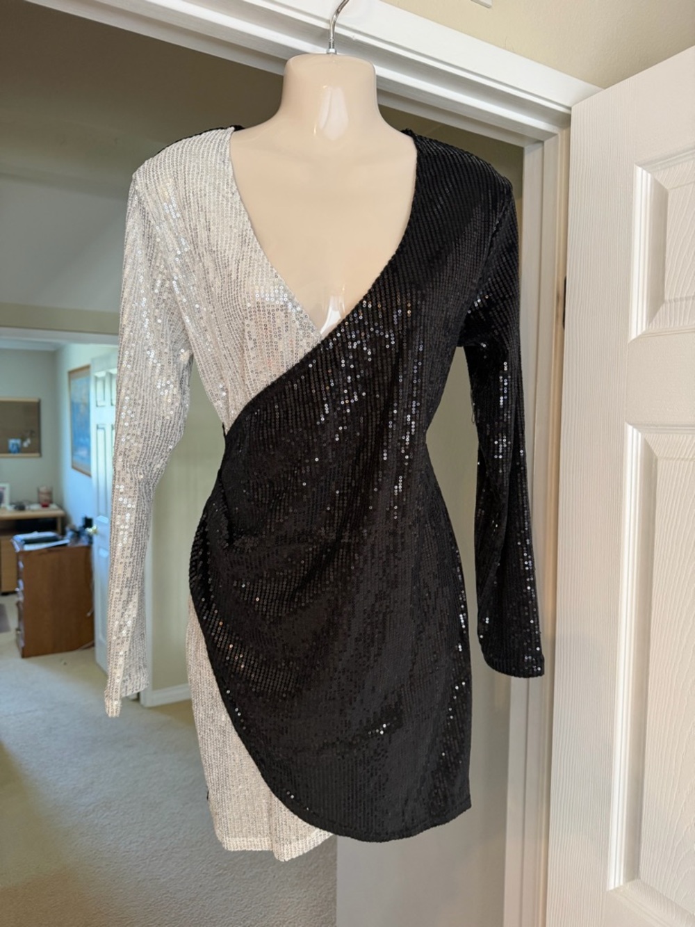 Black and Silver Sequin Wrap Dress - Women's Party Dress